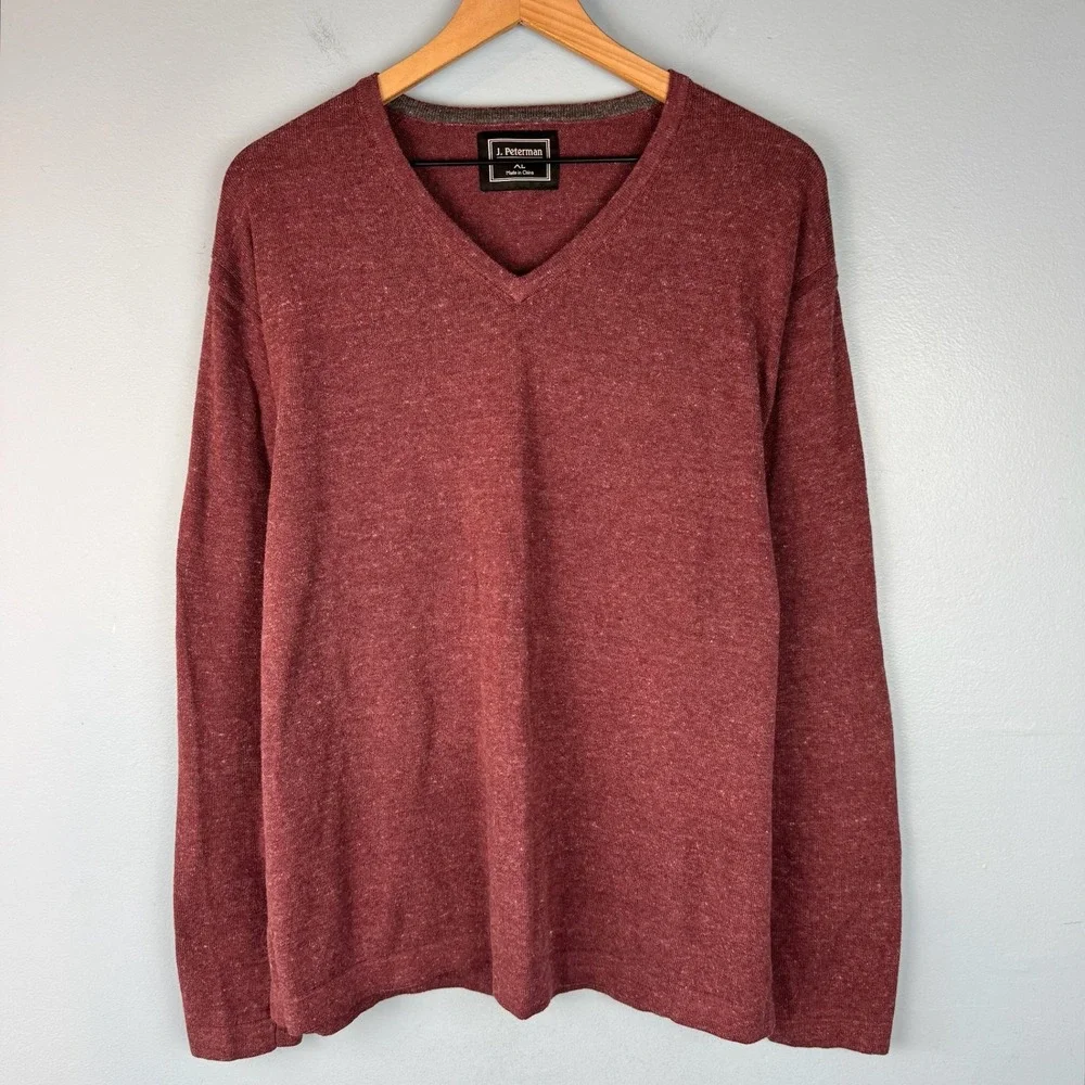 J. Peterman Mens XL Burgundy Heathered V-Neck Pullover Performance Sweater